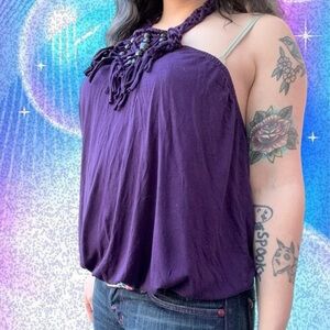 vtg y2k bebe mcbling indie sleaze tie neck bubble hem beaded halter top, sz lg